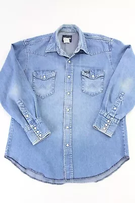 Vtg Wrangler Mens Sz Large Blue Denim Western Shirt Blue Pearl Snap Distressed • $27