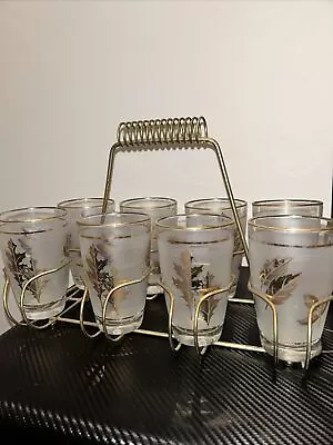 Vintage Libbey Mid-Century Gold Leaf Glasses Rack Bar Set Handle Set Of 8 Drink • $25