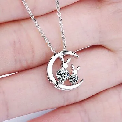 £3.49 • Buy Crystal Moon Cat Pendant Chain Necklace 925 Sterling Silver Women Jewellery UK