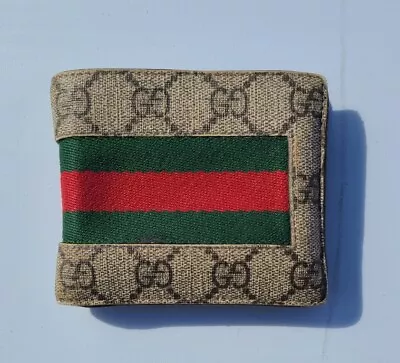 NWT Authentic Gucci Mens Web Beige/ebony GG Supreme Canvas Bi Fold Wallet 408827 • $120