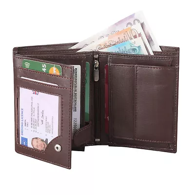 Mens RFID Quality Soft Leather Wallet ID Window Zip And Coin Pocket 503 Brown • £9.95