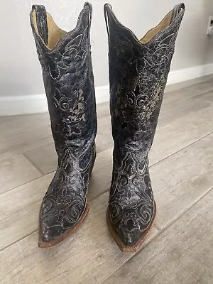 Corral Vintage Black Size 9M Cowboy Western Boots C2108 Lizard Overlay Women's • $80