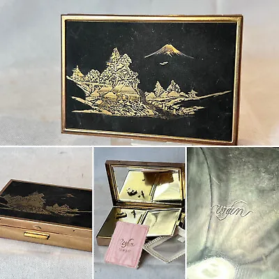 Swan Musical Compact Mt Fuji Vtg Wind Up Music Box Mirrored Vanity Powder Case • $29.95
