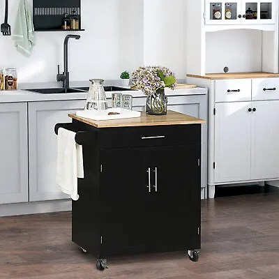 Wooden Indoor Moving Microwave Cart With Interior Cabinet & Towel Rack • $141.99