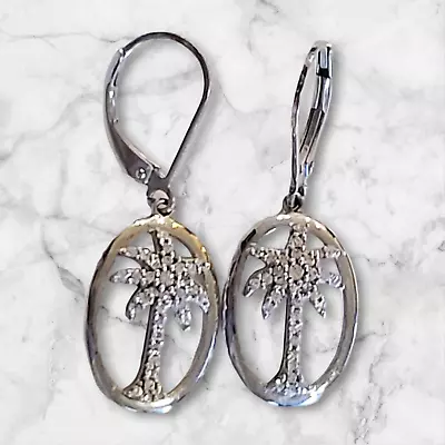 Vintage 925 Sterling Silver Palm Trees Pave CZ Dangle Earrings Beach Boho • $19.99