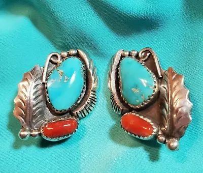 Navajo Earrings Turquoise & Coral R. Platero Silver Clip-On Native American USA • $279