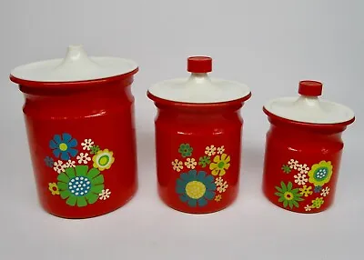 Vintage Red White Flower Power Canister Set Of 3 Metal Plastic Kromex Lost Knob • $39.99