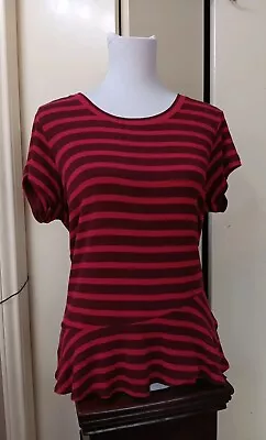 CAbi  Red Short Sleeved Striped Top Ruffle Hem Tunic Rayon Spandex Sz S • $5