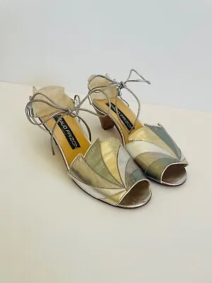 Vintage Maud Frizon Paris Silver Metallic Ankle Strap Sandals 39.5 9 9.5 Italy • $100