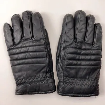 Vintage Black Leather Ski Gloves Blue Nylon Lining • $19.17