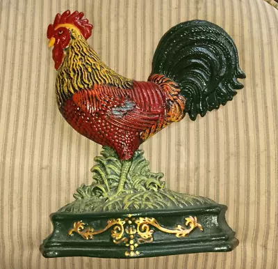 Cast Iron Rooster Door Stop Hand Painted 13  Tall Vintage Farm House Decor • $16.99