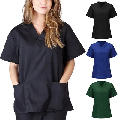 Women Men Medical Hospital Scrub Top Nurse Doctor Healthcare Work Uniform UK • £11.03