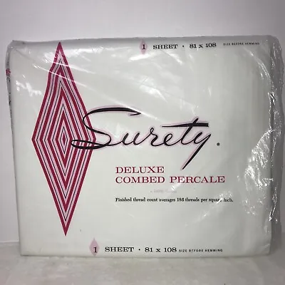 Vintage Surety White Flat Sheet Deluxe Combed Percale 81 X 108 USA 100% -Cotton • $23.97