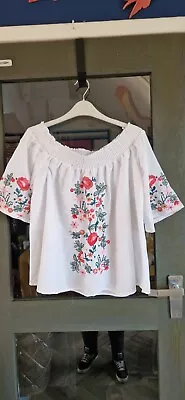 Cameo Rose White With Pink & Green Floral Embroidery Bardot Summer Top Size 12 • £1.75