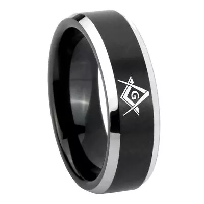 8mm Freemason Masonic Beveled Edge Two Tone Black Custom Tungsten Ring • $14.99