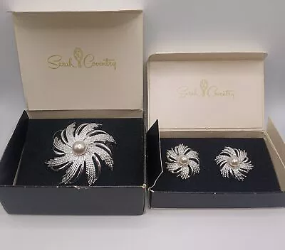 Sarah Coventry Silvery Sunburst Brooch With Clip On Earrings In Original Boxes • $40