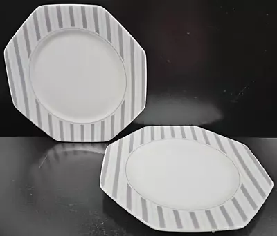 2 Mikasa Preppie Gray Salad Plates Set Vintage Striped Octagonal Dish Japan Lot • $29.97