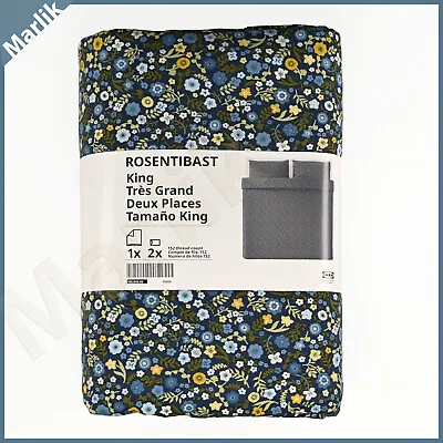 IKEA Rosentibast King Size Duvet Cover + 2 Pillowcases Floral Dark Blue NEW • £72.28