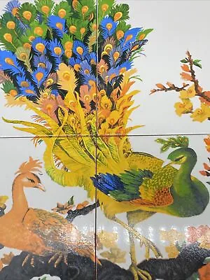 Art Mural Vintage Decor Tiles ~Colorful Peacocks 4 Tiles Made In Vietnam • $156