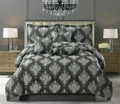 Beautiful Jacquard 7 Piece Quilted Comforter Bed Set Bedspread Throw Cushions • £55.24