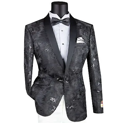 VINCI Men's Black Paisley Embroidered Slim Blazer W/ Bow Tie - NEW • $125