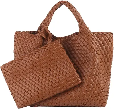Woven Tote Bag Women Macaron Soft Leather Weave Handbag Purse Wrist Bag Large C • $96.66