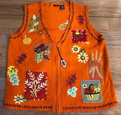 Vintage Knit Sweater Vest Fall Orange W/ Fall Appliqué Women’s Size Lg • $14.29