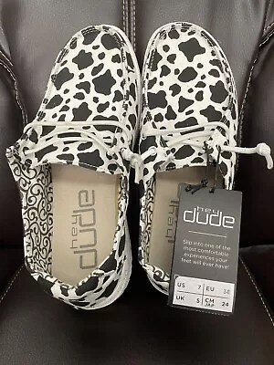 Hey Dude Wendy Milky Way Cow Print Shoes Slip On Women Size 7 NEW W/tag Attached • $45