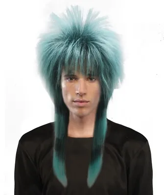 Adult Teal Blue/Black 80s Rocker Mullet Wig Hesher Halloween Costume Accessory • $10.36