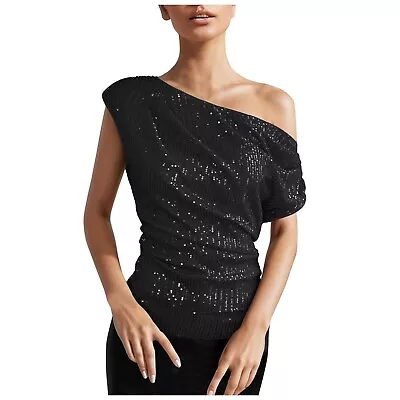 One Shoulder Sequin Sparkly Tops For Women Ruched Asymmetrical Glitter Tops • $14.85