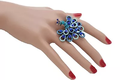 Women Metal Ring Fashion Stretch Band Peacock Bird Feathers Blue Color Jewelry • $13.95