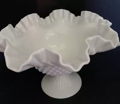 Fenton Hobnail White Milk Glass Ruffled Pedestal Bowl/Fruit Dish 6.5” • $27.99
