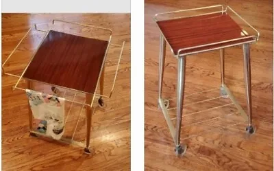 Vintage Mid Century Modern Cocktail Cart Faux Wood Gold Metal Rolling Bar  • $175