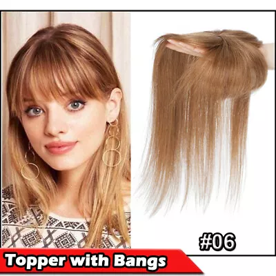 Silk Top Clip In Remy Human Hair Topper Women Hairpiece With Bangs ForLoss Hair • $43.51