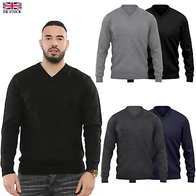 Mens V Neck Jumper Long Sleeve Sweater Classic Plain Pullover Top Sweatshirt • £11.99