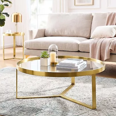 Modway Relay Glass And Metal Round Coffee Table In Gold • $223.28