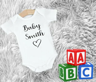 Personalised Custom Baby Name Vest Heart Baby Grow Bodysuit Reveal Announcement • £7.99