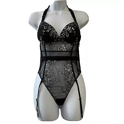 Victoria's Secret Lingerie Teddy Bodysuit Bustier Black/silver Metallic Sz 34c • $31.50