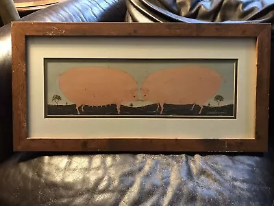 Vintage Warren Kimble  Pigs Kissing  American Folk Art Wood Frame 24  By 12  • $21