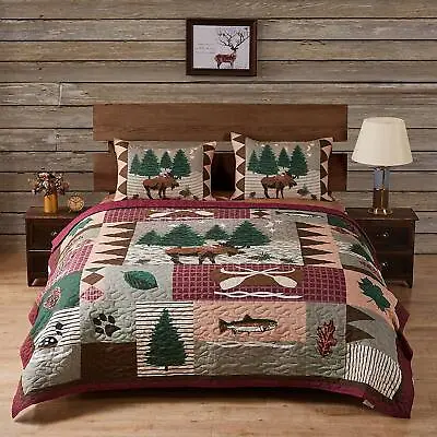 New! ~ Cozy Lodge Log Cabin Bear Moose Mountain Pine Tree Brown Green Quilt Set • $156.32