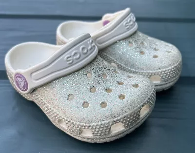 Crocs Classic Glitter Clogs Sandals Kids Infants White Size C 6 UK 6 • £14.99