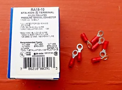 Pkg/100 Thomas & Betts Sta-kon RA18-10 Ring Connector Terminal 22-18AWG #10 Bolt • $14.75