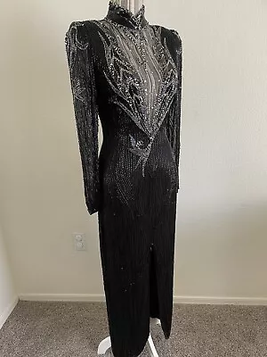 Vintage 80s Black Beaded Sequin High Neck Gown Plunging Neckline Evening Dress • $499.99