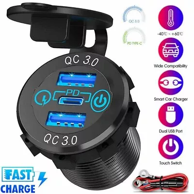 3 Ports QC3.0 USB+PD Type C Fast Car Charger Socket Adapter Power Outlet 12V 24V • £8.95