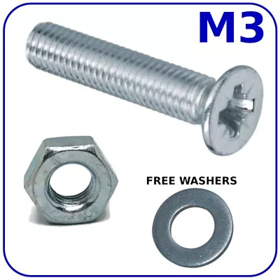 £0.99 • Buy BOLTS AND NUTS M3 (3mm) MACHINE SCREWS COUNTERSUNK ZINC PLATED FREE WASHERS