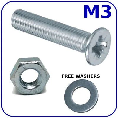 BOLTS AND NUTS M3 (3mm) MACHINE SCREWS COUNTERSUNK ZINC PLATED FREE WASHERS • £2.70