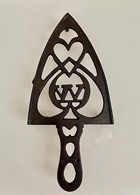 Vintage Cast Iron W Heart 3 Footed Cathedral Style Sad Flat Iron Stand Trivet • $19.99