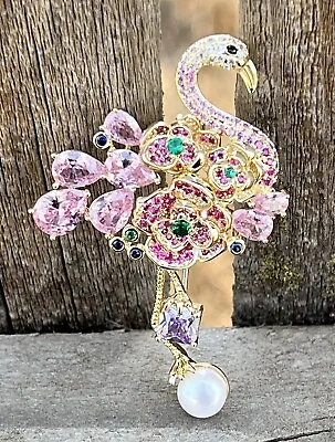 Pink Flamingo Bird Rose Daisy Flower Crystal Glass Rhinestone Brooch Pin Vintage • $20.99