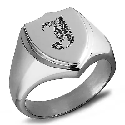Stainless Steel Letter J Initial Royal Monogram Shield Crest Mens Signet Ring • $15