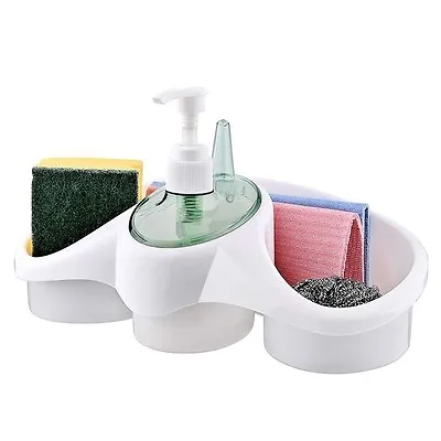 Plastic Washing Up Liquid Soap Dispenser And Sponge Holder For Kitchen Bathroom • £7.95